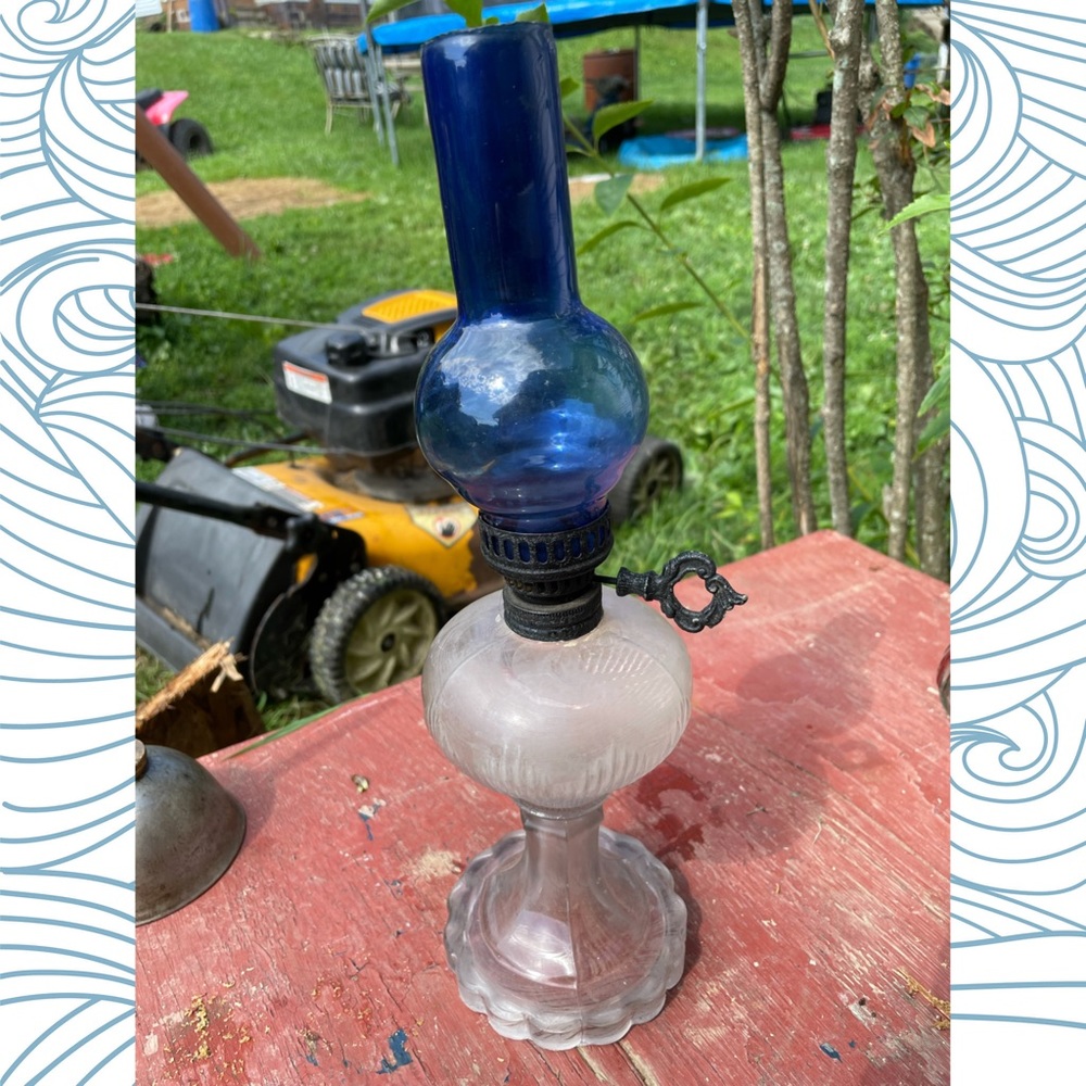 Vintage Frosted Glass Oil Lamp with Blue Shade